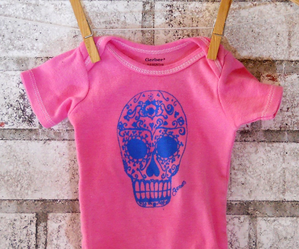 Mexican Sugar Skull Baby Onesie Day of The Dead folk art in turquoise and