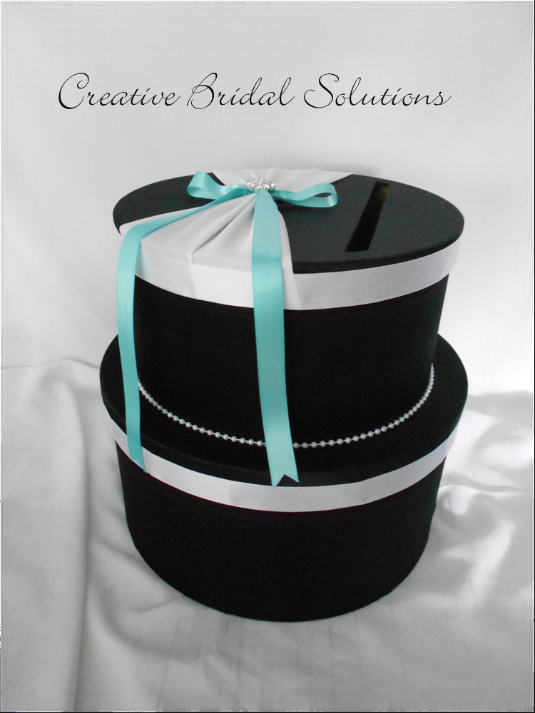 Black and White with Tiffany Blue Wedding Card Box Holder 2 Tier Round