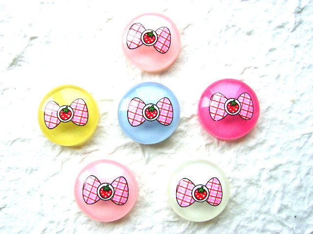 6 MIX Candy Pink Bow Strawberry Kawaii Cabochons 24mm
