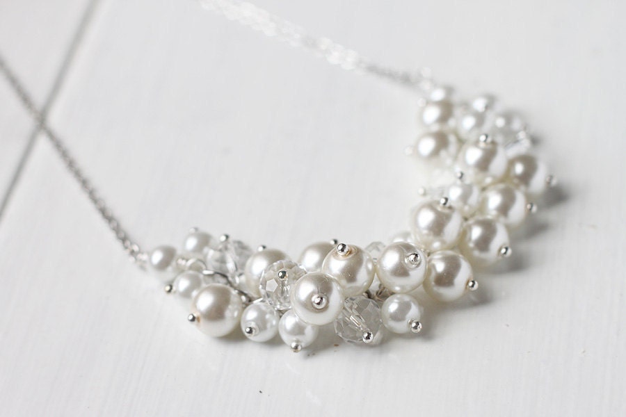 White Winter Wedding Bridesmaid Jewelry Pearl Cluster Necklace Snow