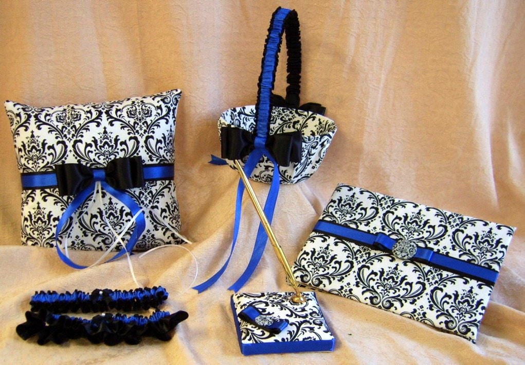  Royal Blue basket pillow guest book and bridal garter set 