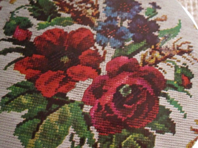 Vintage Linen Tablecloth with Red Cross Stitched Flowers