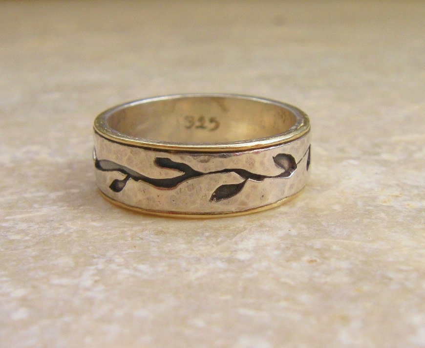 Wedding Band For men Leaves On Sterling Silver and 14k Gold