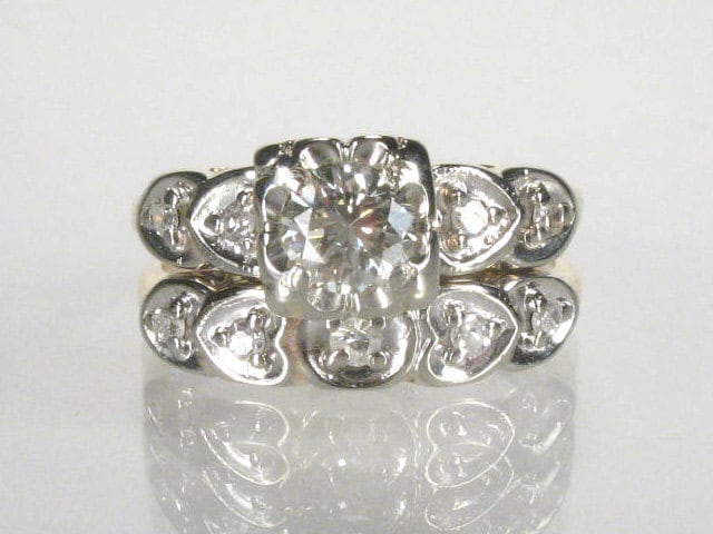 Vintage Wedding Rings Set 047 Carats Diamond Total Weight Heart Motif