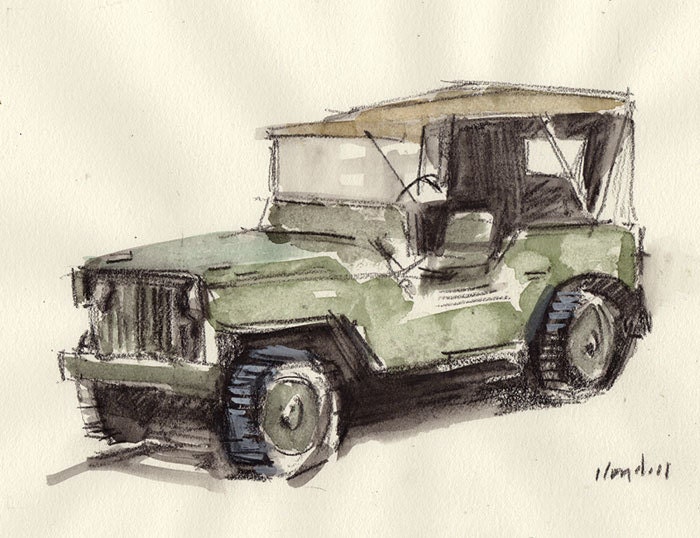 Original Painting Auto Car Retro Jeep Watercolor Sketch Drawing 5x7 Line and