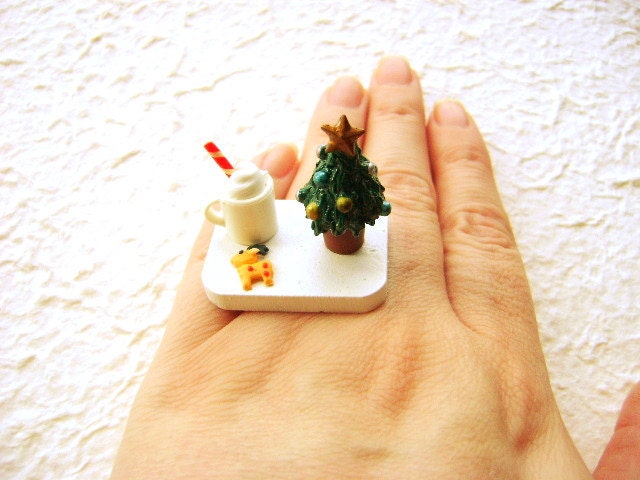 Christmas Ring Kawaii Food Cookies Hot Chocolate Miniature Food Jewelry