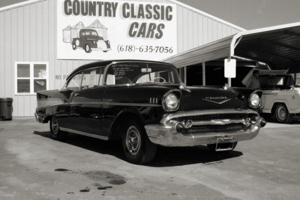 Black and White 1957 Chevy Country Classic Cars fins chrome hot rod 