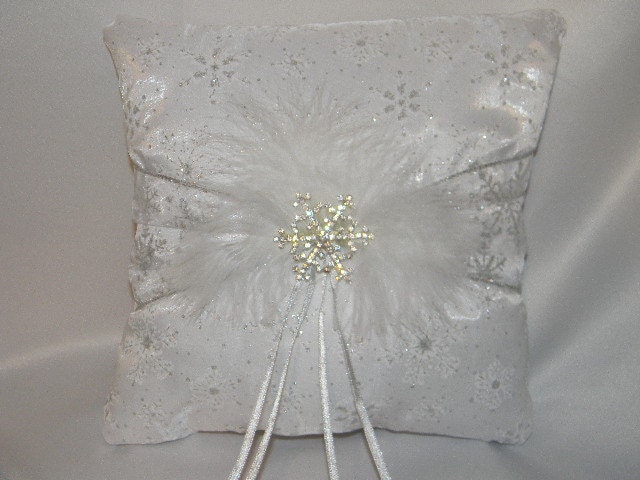 Wedding Ring Bearer Pillow Snowflakes Feathers your choice of colors and 
