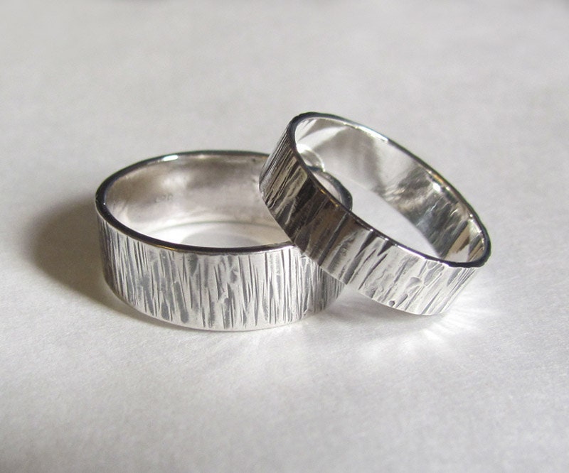 His and Hers Bands Wood Grain Wedding Rings Set From GazitJewelry