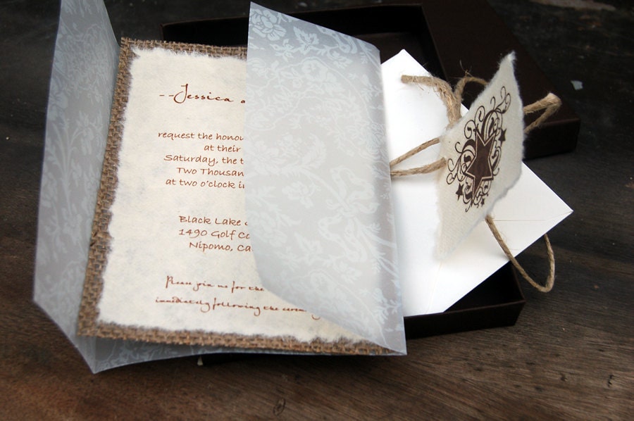 Do It Yourself DIY Rustic Burlap and Vellum Lace Wedding Invitation in box 
