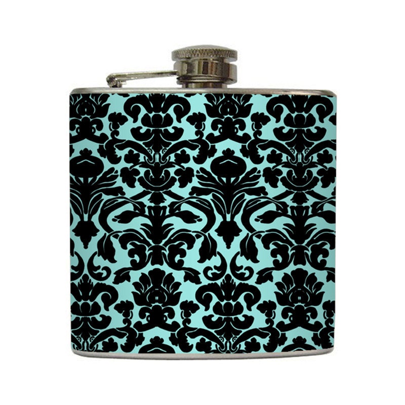 Tiffany Blue and Black Damask Liquor Flask Modern Elegant Bridesmaid Gift