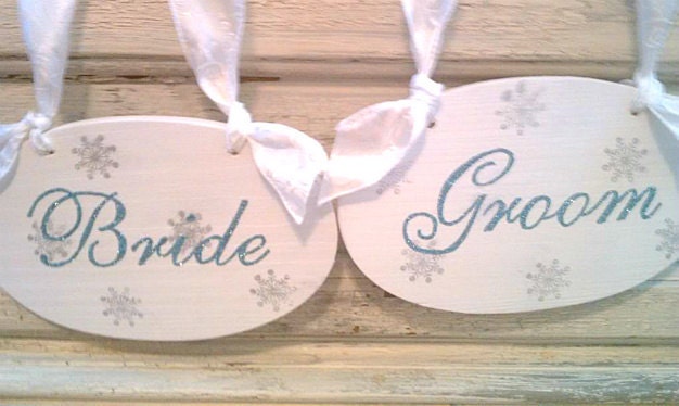 Winter Wedding Signs Glittered WINTER WONDERLAND with SNOWFLAKES Bride 