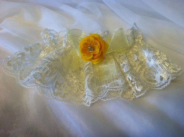 Wedding Garter Belt made of Beautiful Ivory Lace with Light Yellow Sheer 