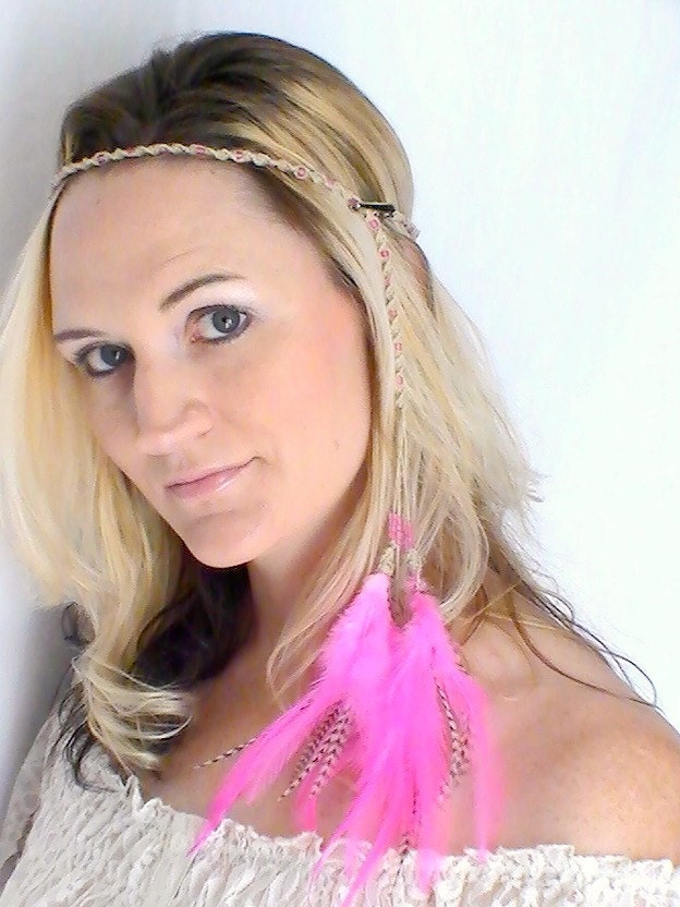 Hippie Headband with Feather Extensions Pink Grizzly Braided Hemp