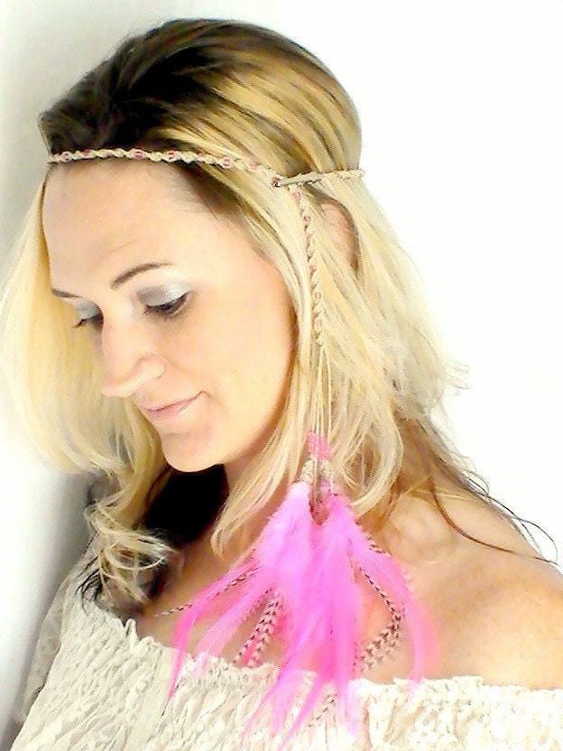 Hippie Headband Feather Extensions Pink Grizzly Braided Hemp