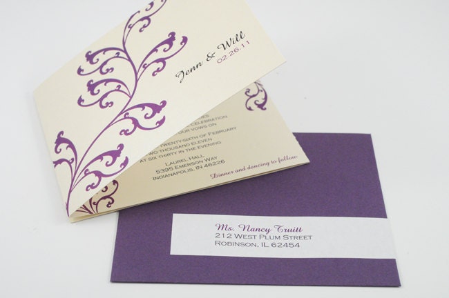 Custom Trifold Wedding Invitation in Purple and Ivory Sample HOLLY
