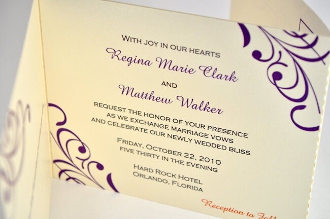 Classic Script Purple Wedding Invitation with Mad Lib RSVP Postcard Sample 