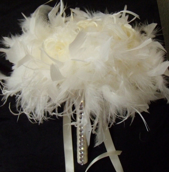 IVORY BLING Ostrich Feather Rose Flower Bridal Bouquet Off White Wedding 