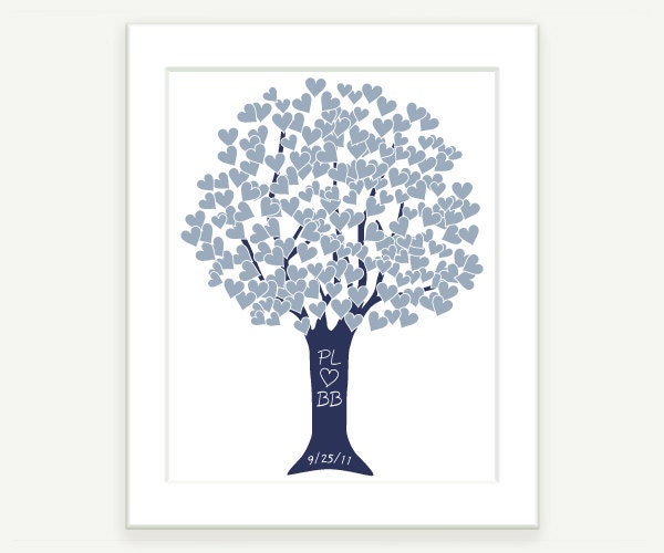 Anniversary Gift Silver Blue Wedding Love Heart Tree Art Print 8x10 by 