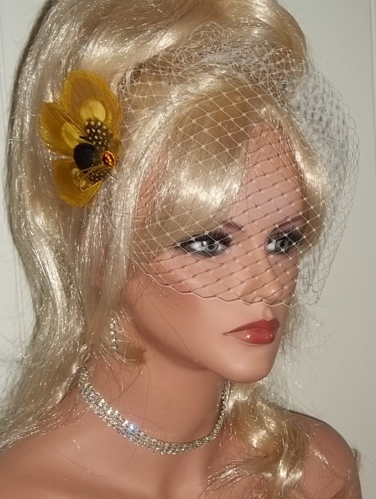 Yellow Peacock Bridal Fascinator and French Net Birdcage Veil Set Ship 