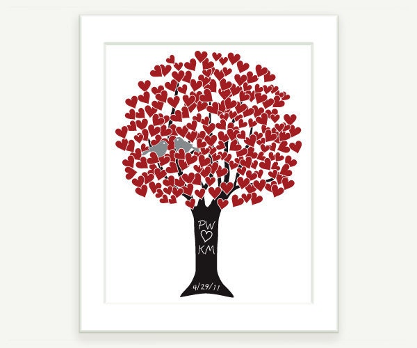 Heart Tree with Love Birds in Red Silver Black Wedding Gift 8x10