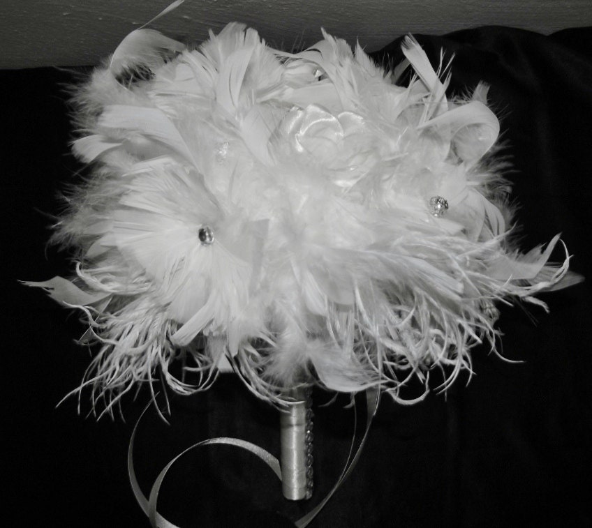 BLING White Feather Flower Crystal Bridal Bouquet Ostrich Feathers Large 