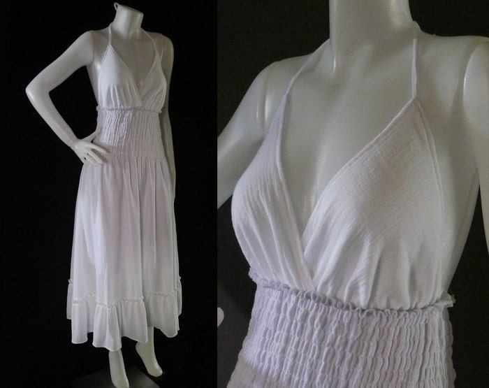 Hippie Bohemian White Cotton Wedding Halter Maxi Dress BH027
