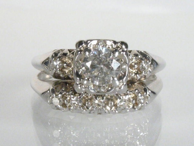 Vintage Diamond Wedding Rings Set European Transitional Cut Twelve 