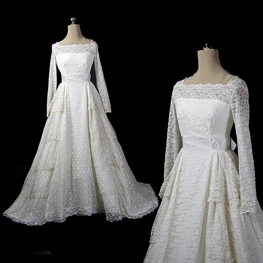 Vintage 1950s Tiered Lace Wedding Dress Long Sleeves Illusion Neckline 