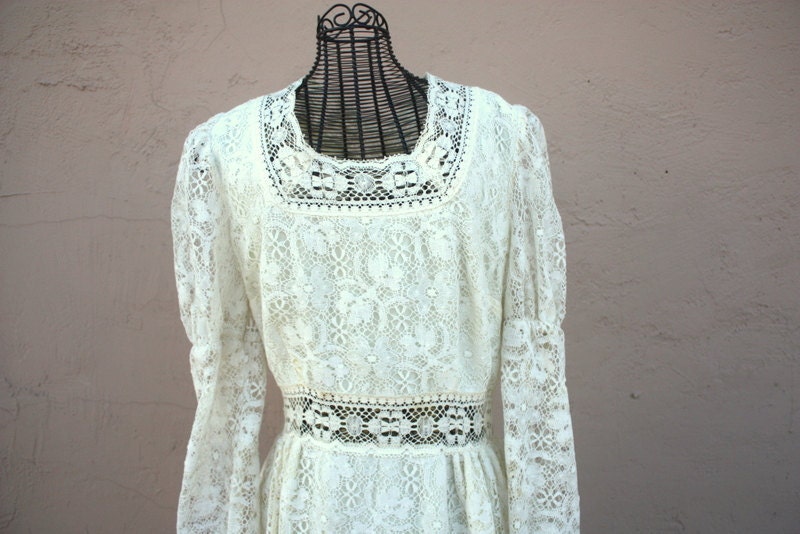 70s 1970s cream lace maxi dress or bridal wedding gown Bohemian hippie 