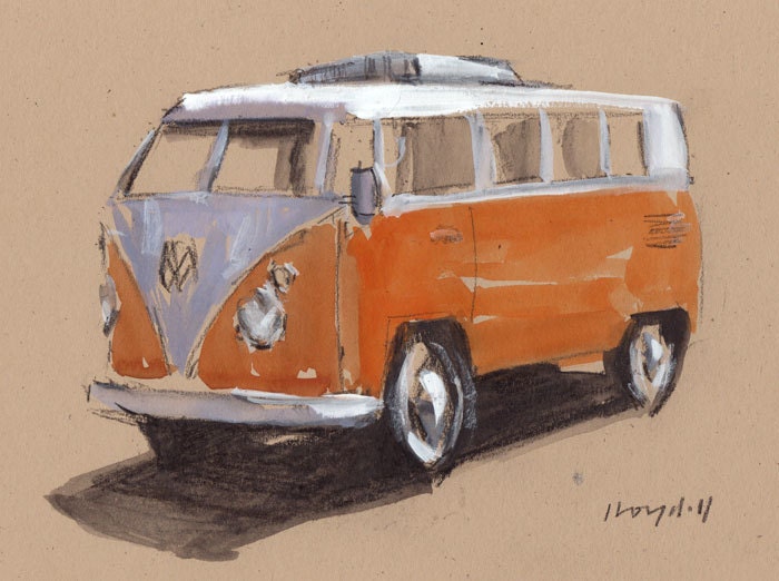 Original Painting VW Bus Vintage Auto Kombi Watercolor Sketch Drawing 5x7