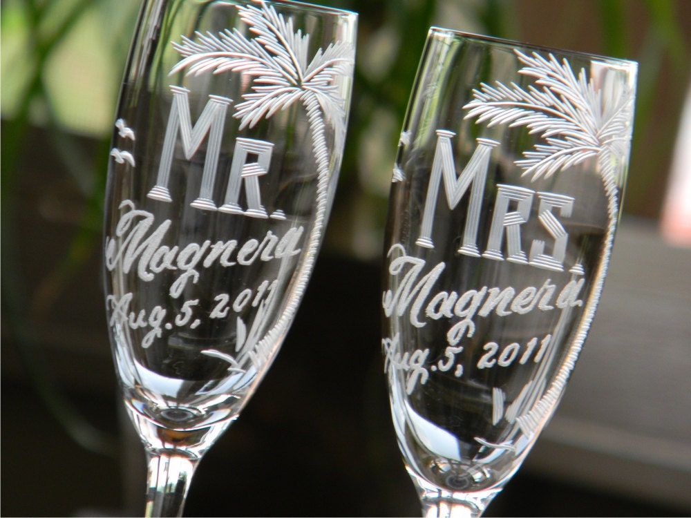 Personalized Mr and Mrs Champagne Toasting Flutes for bride and groom's