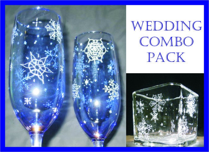 Hand Engraved Snowflake Champagne Flutes and Matching Center Pieces
