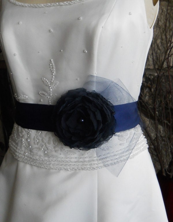 Navy Blue Wedding Dress Sash with Chiffon Flower Tulle and Swarovski Pearl