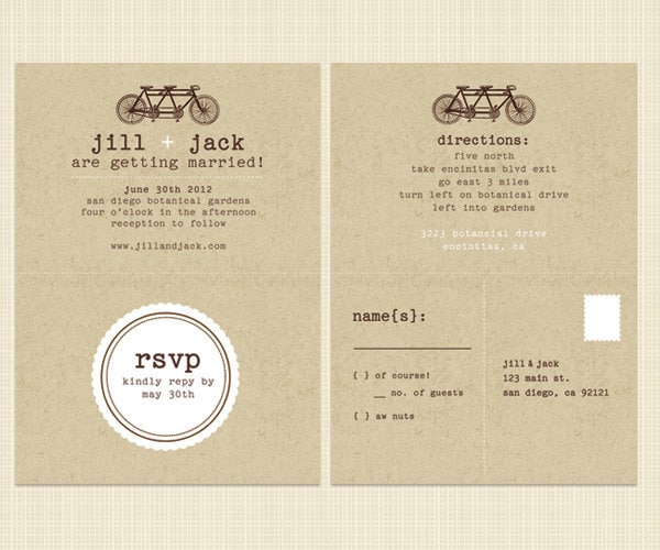 Bicycle Wedding Invitation with Perforated Tearoff RSVP Postcard Vintage 