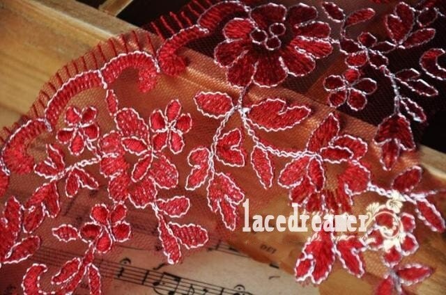 Lace trim Dark Red Lace Embroidered Lace Rosette Wedding Dress DIY Handmade