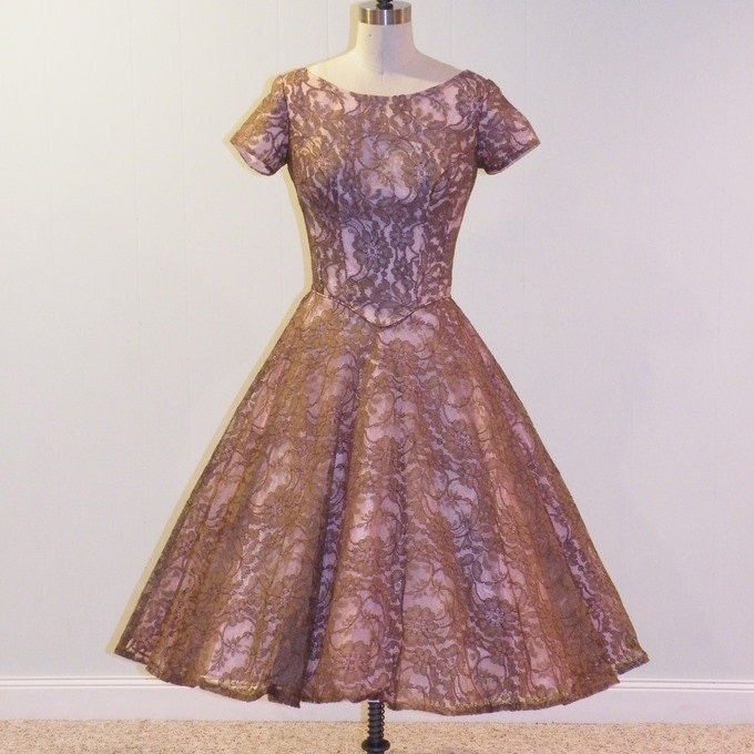 1950s Party Dress Pink Mocha Floral Lace Formal Cocktail Wedding Party 