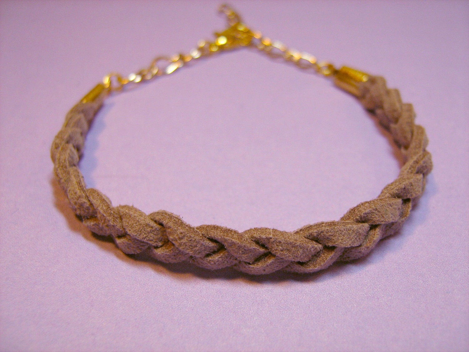 Bracelet: Tan Braided Suede Cord, Goldtone Findings, for Men or Women Bracelet: Tan Braided Suede Cord, Goldtone Findings, for Men or Women