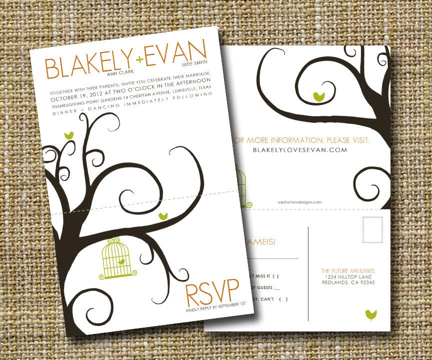 modern wedding invitation with perforated rsvp postcard for the birds