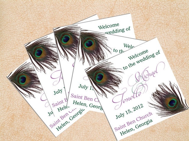 Peacock Feathers Tri Fold Wedding Programs Green and Blue