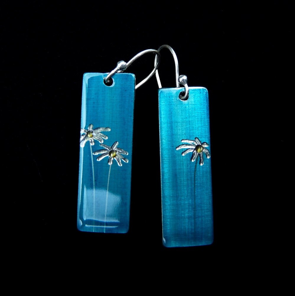 Teal Daisy Earrings Teal, Daisy, Flower, Daisies, Rectancle, Earrings