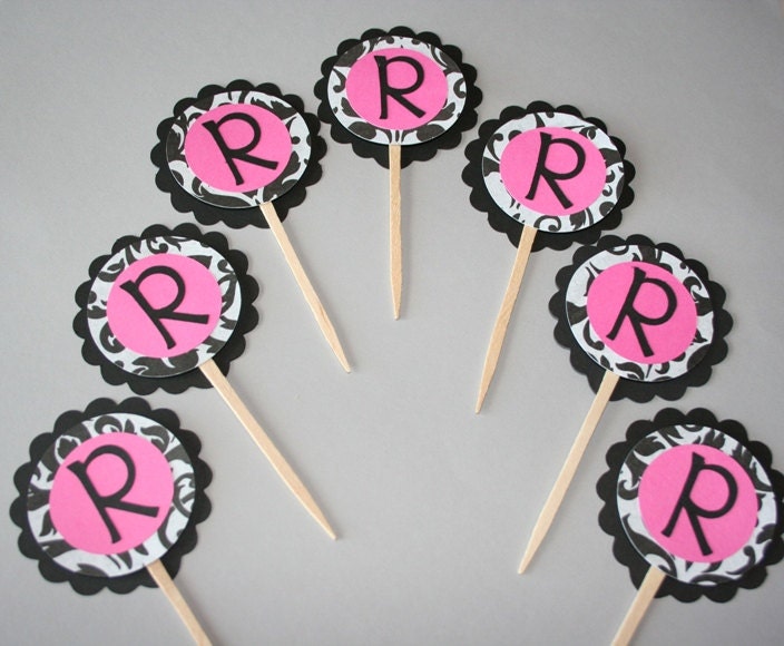 Personalized Damask Cupcake Toppers Hot Pink Lime Green Black and 
