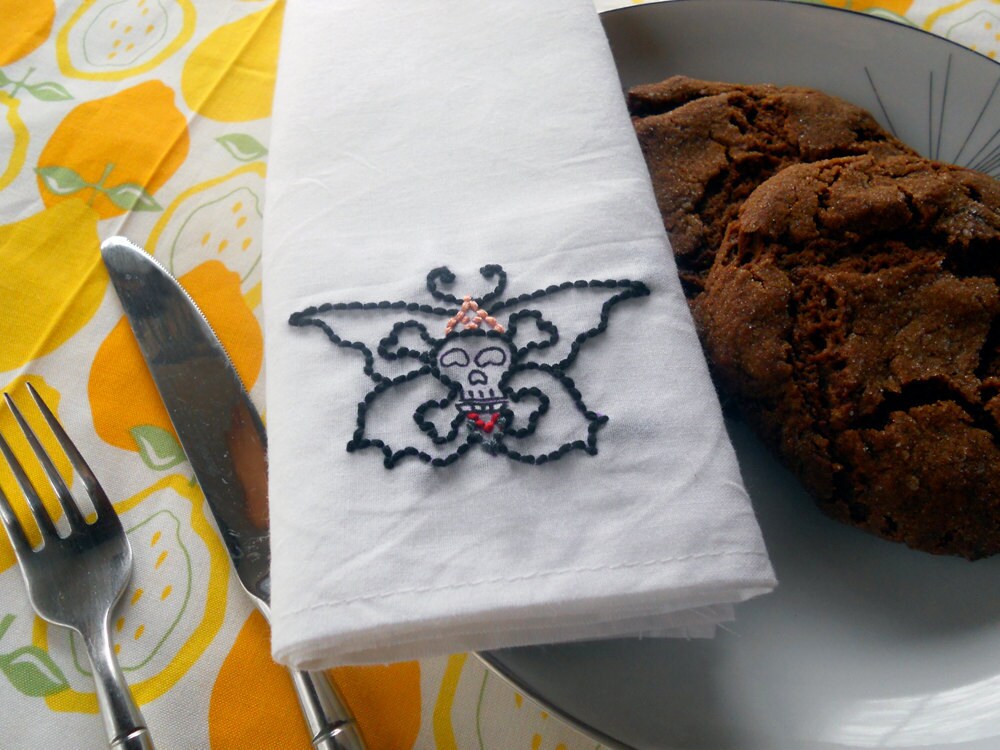 Hand Embroidered Eco Friendly Cloth Napkin Sailor Jerry Rockabilly Tattoo 