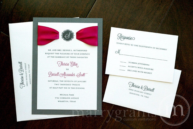 Unique Hot Pink Gray Wedding Invitations Satin Ribbon w Monogram Hot Pink