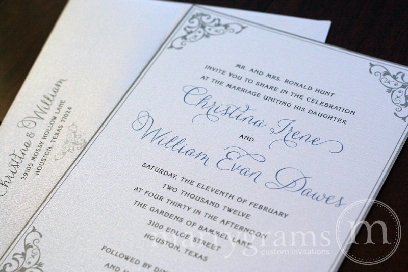 Gray Flourish Wedding Invitation Suite Purple Blue Accent
