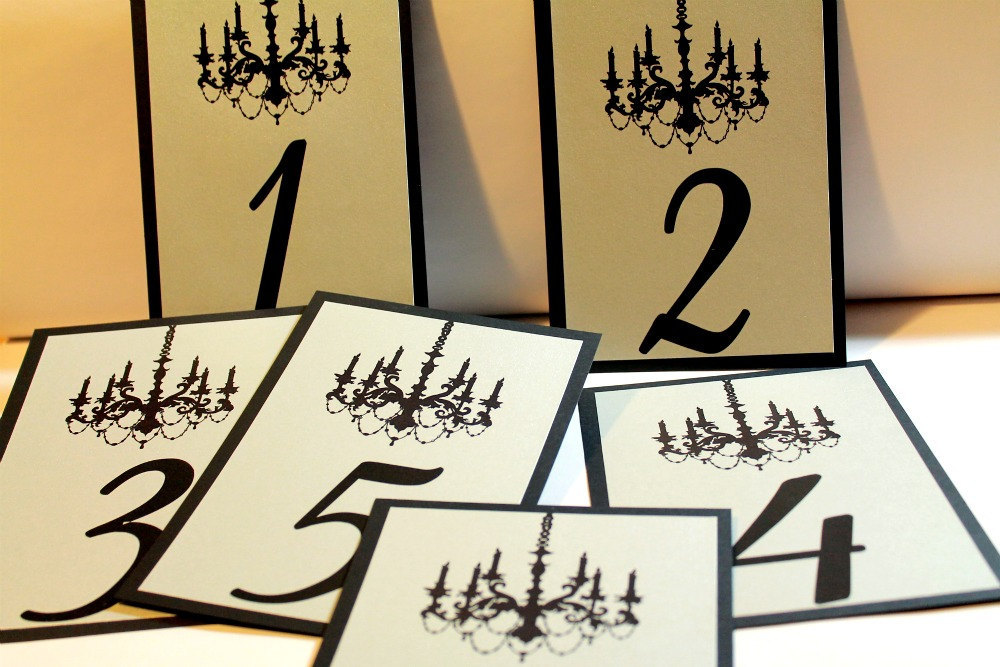 Set of 10 Black and Silver Wedding Table Numbers with Chandelier Elegant 