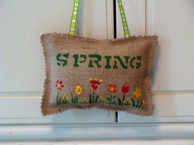 Burlap Spring Flowers Welcome Hanging Pillow From TheStitchinChicken