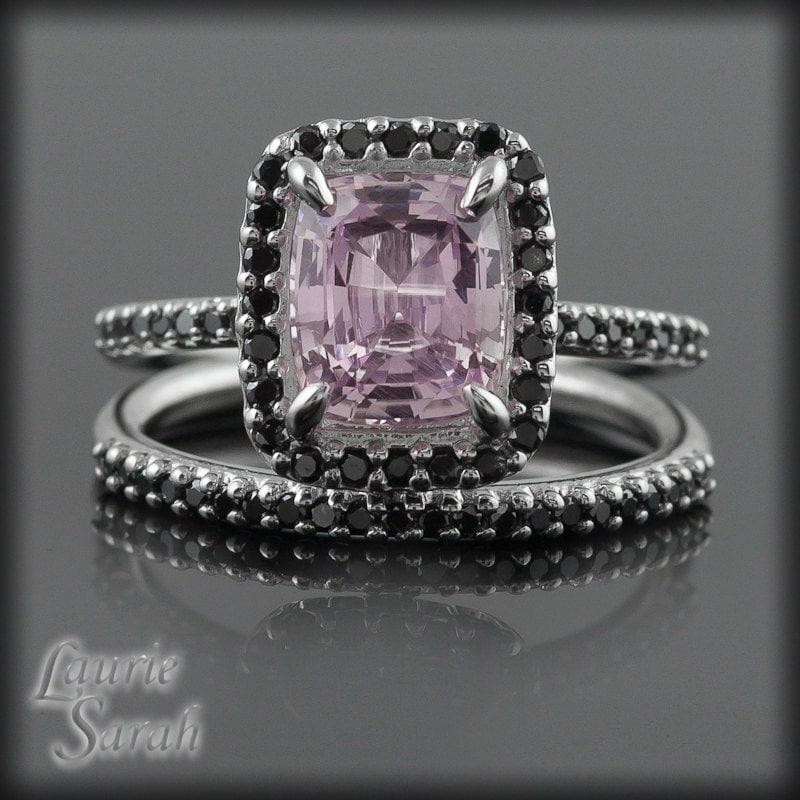 Pink Sapphire with Black Diamond Wedding Ring Set LS1938