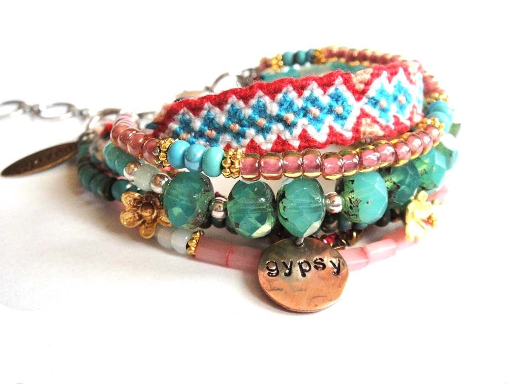 Bohemian hippie bracelet with friendship bracelet beads and Swarovski 
