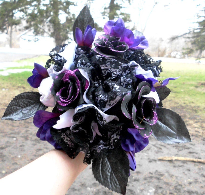Purple Wedding Bouquet Bridal Gothic inspired Cotton Satin Lace Black 